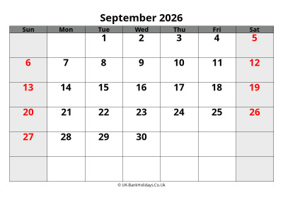 september 2026 word uk calendar