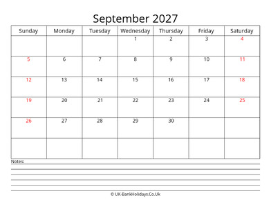 september 2027 uk calendar with notes