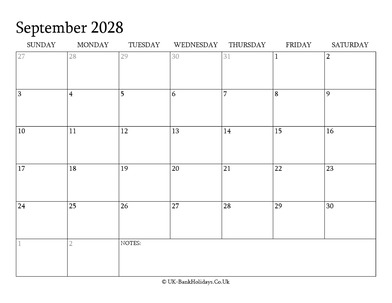 september 2028 editable uk calendar with holidays