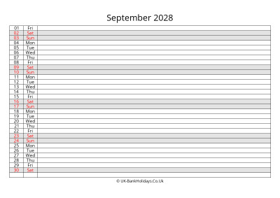 september 2028 monthly uk calendar free