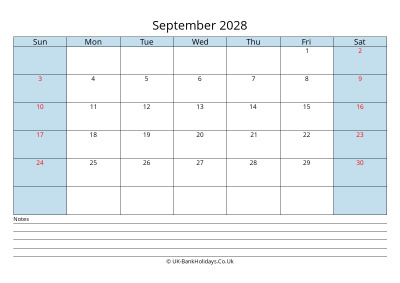 2028 September Calendar with Notes