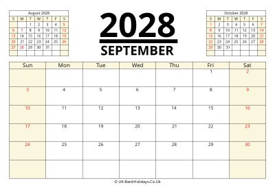 september 2028 printable uk calendar