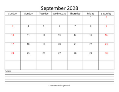 september 2028 uk calendar with notes